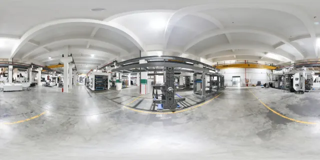 360° panorama of flexographic printing machine assembly and integration workshop
